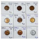 Lot of 9 different  Lincoln Cents  MS  1940 - 1943