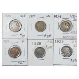 Lot of 6  Buffalo Nickels  F - VF  1923 - 1929