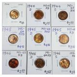 Lot of 9  Lincoln Cents  MS-Unc  1944 - 1946-S