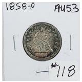 1858-P  Seated Liberty Quarter   AU-53