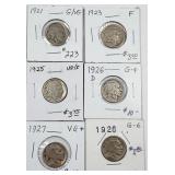 lot of 6;  Buffalo Nickels  1921 - 1928  G - F