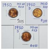 1950  P-D-S  Lincoln Cents  MS-64 Red