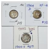 1944  P-D-S  Mercury Dimes   XF - AU