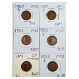 Lot of 6;  Lincoln Cents  1920-D - 1923-S  VF