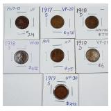Lot of 7;  Lincoln Cents  1917-D - 1919-S  VF - XF