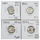 1941, 1942, 1943 & 1944  Mercury Dimes  MS