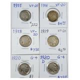 Lot of 6;  Buffalo Nickels  1915 - 1920-D  VF -G