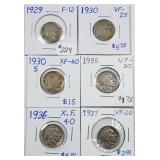 Lot of 6;  Buffalo Nickels  1929 - 1937  F - XF