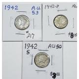 1942  P-D-S  Mercury Dimes   AU