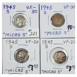 4  1945-S  'Micro S'  Mercury Dimes  VF