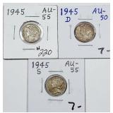 1945  P-D-S  Mercury Dimes   AU
