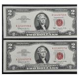 Consec. #  1963 $2 Legal tender Red Seals Unc