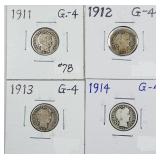 1911, 1912, 1913 & 1914  Barber Dimes   G