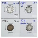 1914, 1914-D, 1915 & 1916  Barber Dimes   G