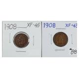 1908 & 1908  Indian Head Cents   XF-45
