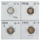 1907, 1908, 1908-D & 1909  Barber Dimes  G