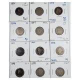 Lot of 12  Liberty Nickels  G - VG  1884 - 1899