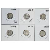 1950, 51, 52, 54, 57 & 59  Roosevelt Dimes