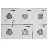 Lot of 6 different    Roosevelt Dimes  90% silver