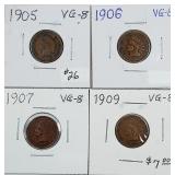 1905, 1906, 1907 & 1909  Indian Head Cents   VG