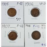 1905, 1906, 1907 & 1908  Indian Head Cents  F