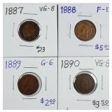 1887, 1888, 1889 & 1890  Indian Head Cents  G-VG