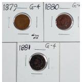 1879, 1880 & 1881  Indian Head Cents   G