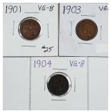 1901, 1903 & 1904  Indian Head Cents   VG