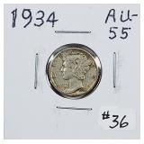 1934  Mercury Dime   AU-55