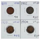 1899, 1902, 1903 & 1904  Undian Head Cents  VF