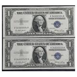 2 Consecutive #  1935-E  $1 Silver Certificates AU