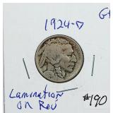 1924-D  Buffaloo Nickel   G+  Lamination on Rev.