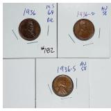 1936 P-D-S  Lincoln Cents   MS & AU-58