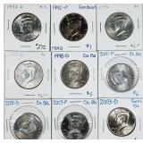 Lot of 9  Kennedy Half Dollars  BU 1992-D - 2003-D