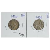 1934 & 1936  Buffalo Nickels  VF