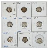 Lot of 9 Mercury Dimes  1923 - 1936-D