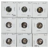 Lot of 9  Roosevelt Dimes  Proof  1968-S-1984-S
