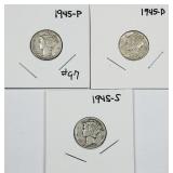 1945 P-D-S  Mercury Dimes