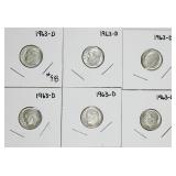 lot of 6  1963-D  Roosevelt Dimes