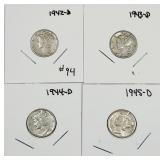1942-D, 43-D, 44-D & 45-D  Mercury Dimes