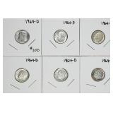 Lot of 6  1964-D  Roosevelt Dimes