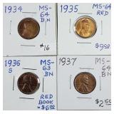 1934, 1935, 1936-S, 1937  Lincoln Cents  MS