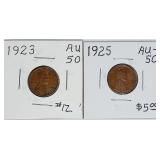 1923 & 1925  Lincoln Cents   AU-50