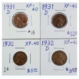 1931-D, 1931-D, 1932 & 1932-D  lincoln Cents  XF
