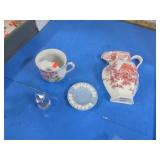 MUSTACHE CUP, WEDGEWOOD SAUCER, WALL POCKET &