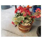 ARTIFICIAL FLOWERS IN WOODEN BUCKET