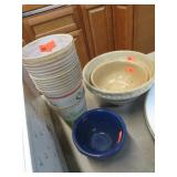POTTERY MIXING BOWLS & PAPER 7-UP CUPS