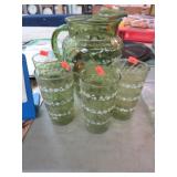 GREEN W/ FLOWER PITCHER & 4 GLASSES