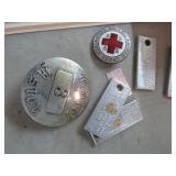 RED CROSS & HOTEL ASTOR PINS & LIC. PLATE KEY TAGS
