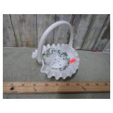 FENTON HOBNAIL MILKGLASS BASKET W/ VIOLETS